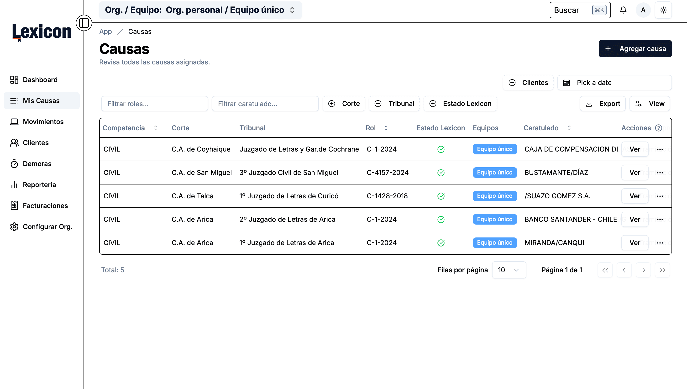 Interfaz de Lexicon mostrando el panel de seguimiento de causas judiciales con notificaciones y reportes para abogados en Chile